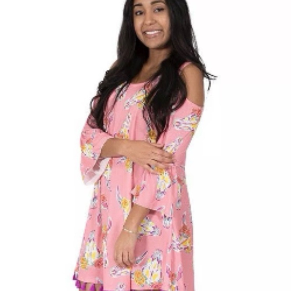 Simply Southern Wild cow skull Cold Shoulder Pink & Yellow tassel floral dress L